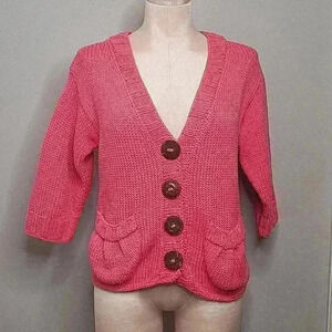 Pure Handknit 100%‎ Cotton Chunky Pink Cardigan Size S/M